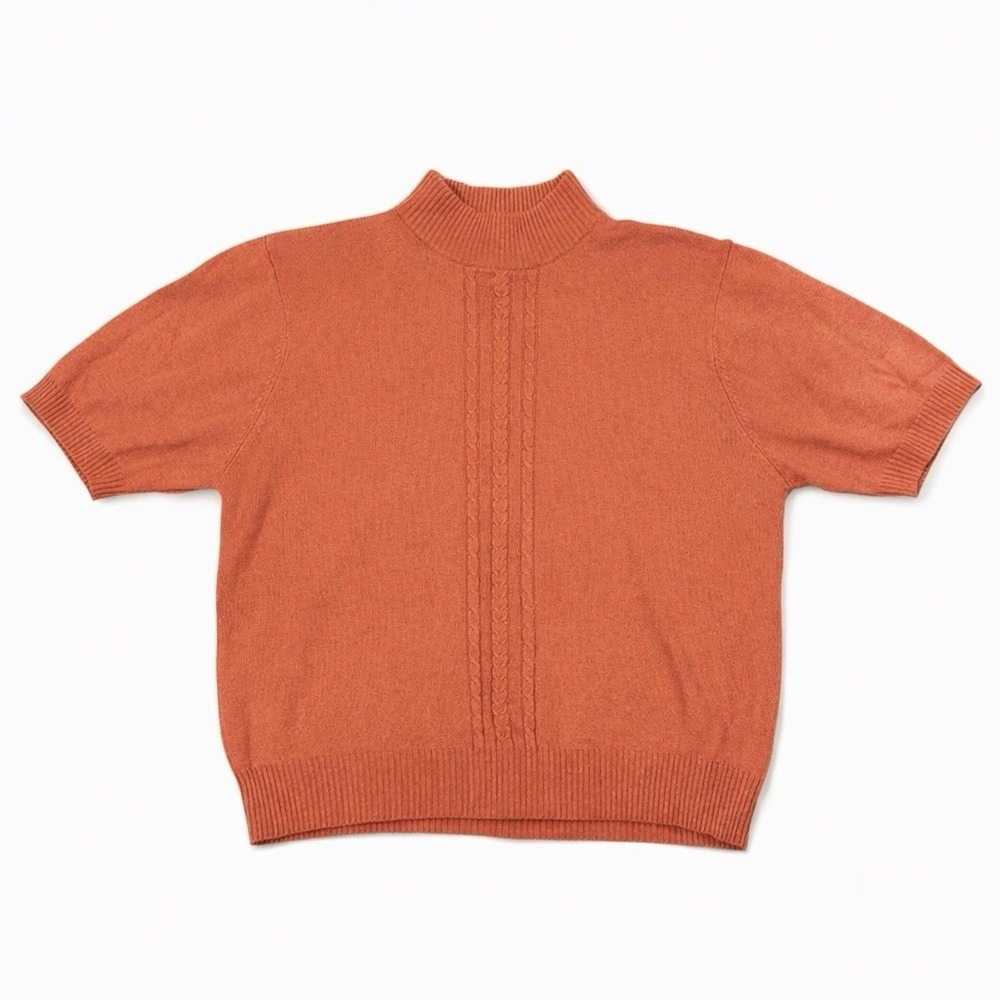 Cashmere Silk Mock Neck Short Sleeve Knit Sweater Orange XL Vintage Quiet Luxury